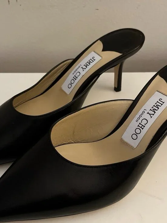 Jimmy Choo Rav 65 Leather Mules Black Kitten Heel Pointed Toe - Picture 2 of 8